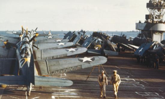 Douglas SBD-3 Dauntless scout bombers and Grumman F4F-4 Wildcat 